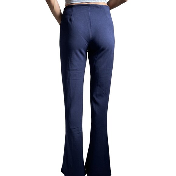Women's Navy Blue High-Waisted Flared Pants – Elegant & Stretchy Pants - Picture 8 of 8